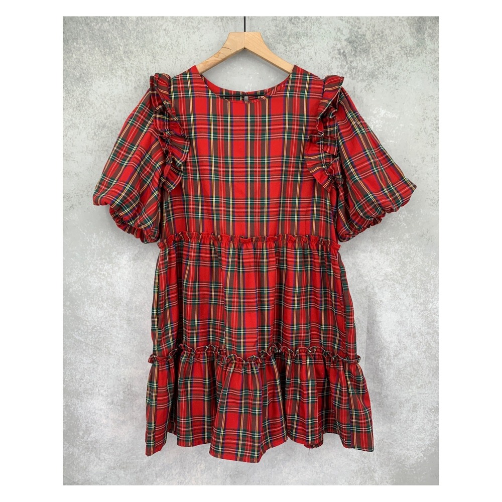 Entro Dress Womens Large Red Plaid Tartan Ruffle Babydoll Christmas Holiday